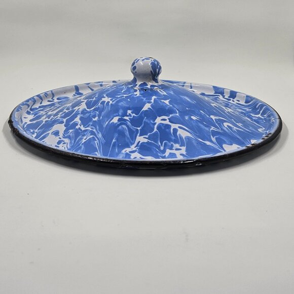 Blue & White Swirl Enamelware Agateware Graniteware Lid with Round Knob - Picture 6 of 13